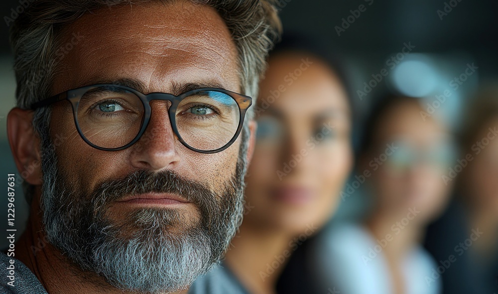 Close-up portrait of a serious man with glasses and a beard, with two women blurred in the background. Close-up portrait of a serious man with glasses and a beard, with two women blurred in the background.
