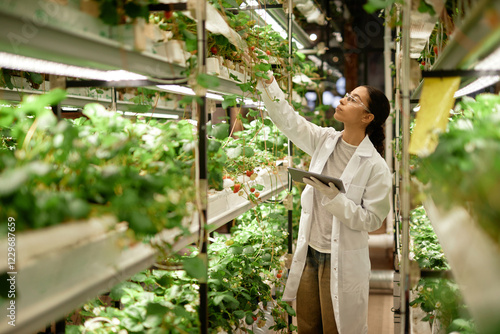 Wallpaper Mural Scientist observing growth of plants under artificial lighting in research facility, taking notes on a digital tablet, showcasing advanced agricultural techniques for indoor farming Torontodigital.ca