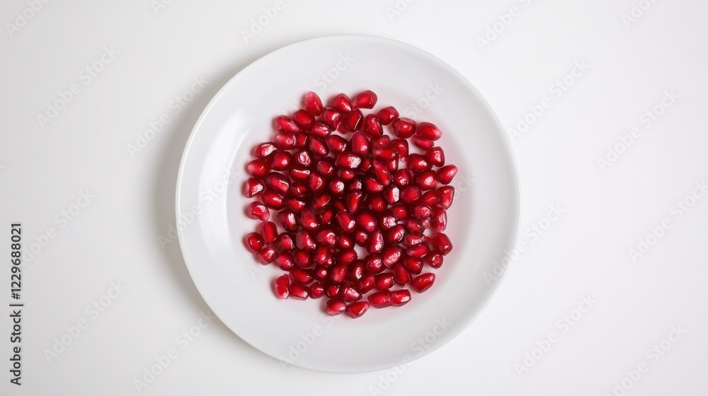 A minimalist plate of fresh pomegranate seeds, neatly arranged in a simple pattern on a plain white ceramic plate, Pomegranate seeds centered A minimalist plate of fresh pomegranate seeds, neatly arranged in a simple pattern on a plain white ceramic plate, Pomegranate seeds centered