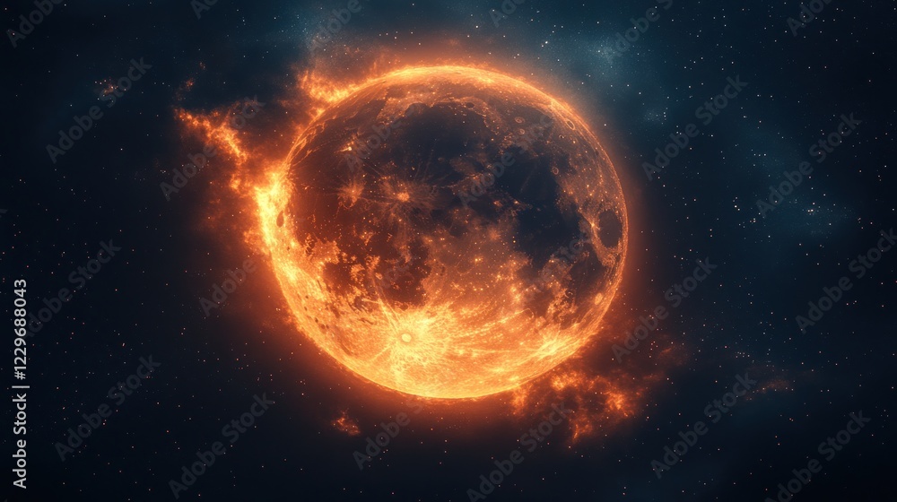 Fiery planet engulfed in flames against a dark, starry space backdrop. Fiery planet engulfed in flames against a dark, starry space backdrop.