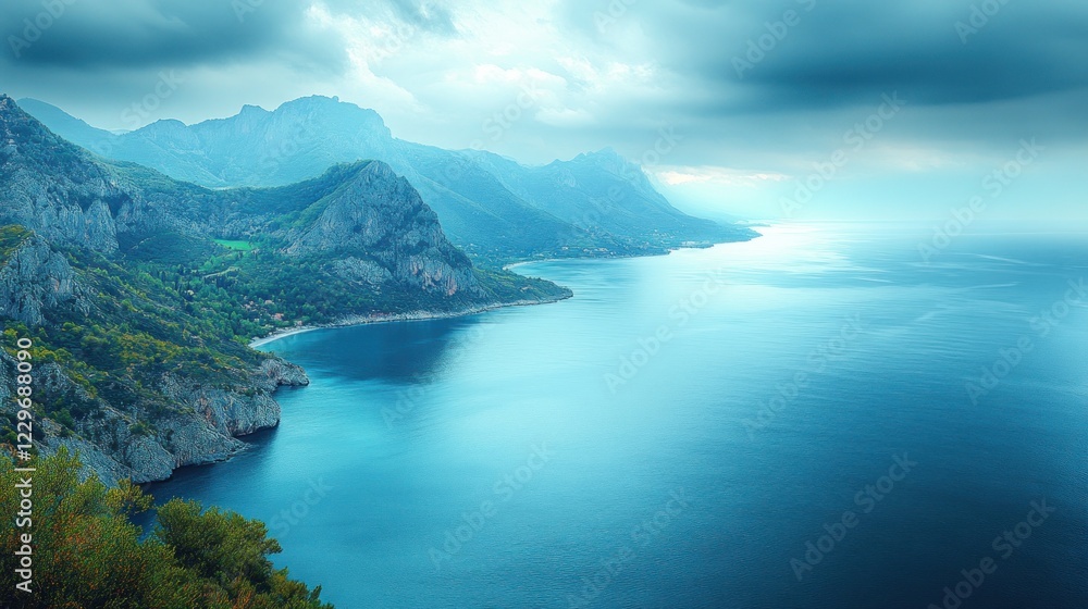 Panoramic view of a serene coastal landscape with mountains, sea, and cloudy sky. Panoramic view of a serene coastal landscape with mountains, sea, and cloudy sky.