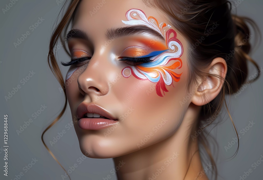 Naklejka premium Colorful face art showcasing vibrant designs and bold makeup application in a studio setting
