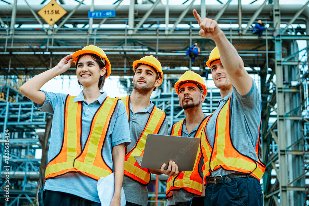 Construction team collaborates on site inspection during daytime at an industrial location Construction team collaborates on site inspection during daytime at an industrial location