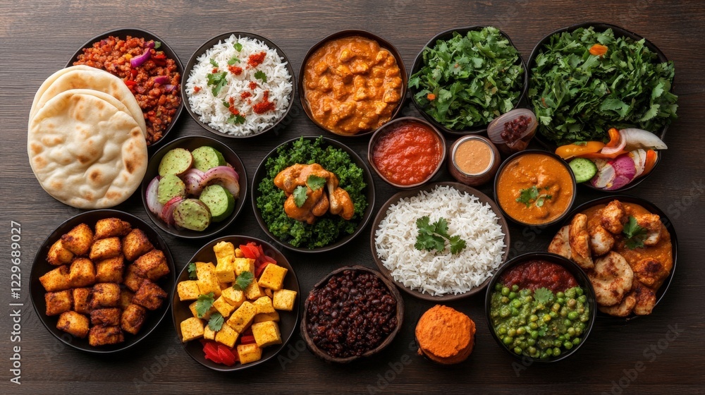 Fototapeta premium Variety of different types of food served in bowls on table for culinary presentation and enjoyment