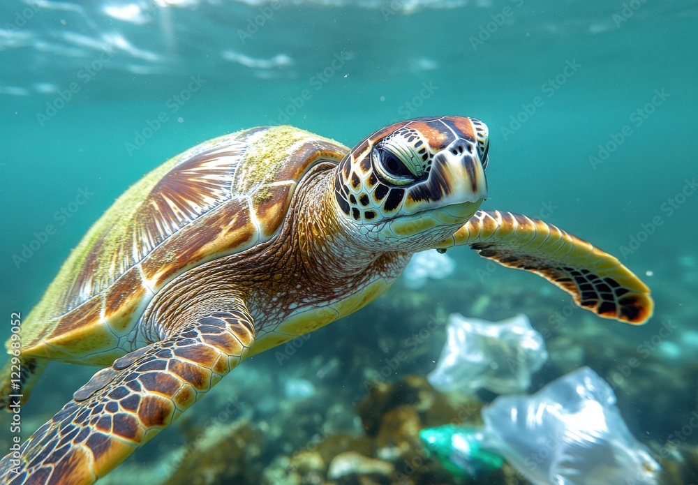 Fototapeta premium Underwater Scene Featuring a Majestic Sea Turtle Swimming Among Ocean Plastic Pollution, Highlighting Marine Life Conservation Challenges