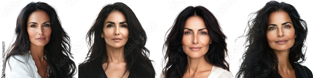 Gorgeous and Confident Dark Haired Female Model Posing with Elegant Sophistication and Alluring Presence on a White Studio Background Gorgeous and Confident Dark Haired Female Model Posing with Elegant Sophistication and Alluring Presence on a White Studio Background