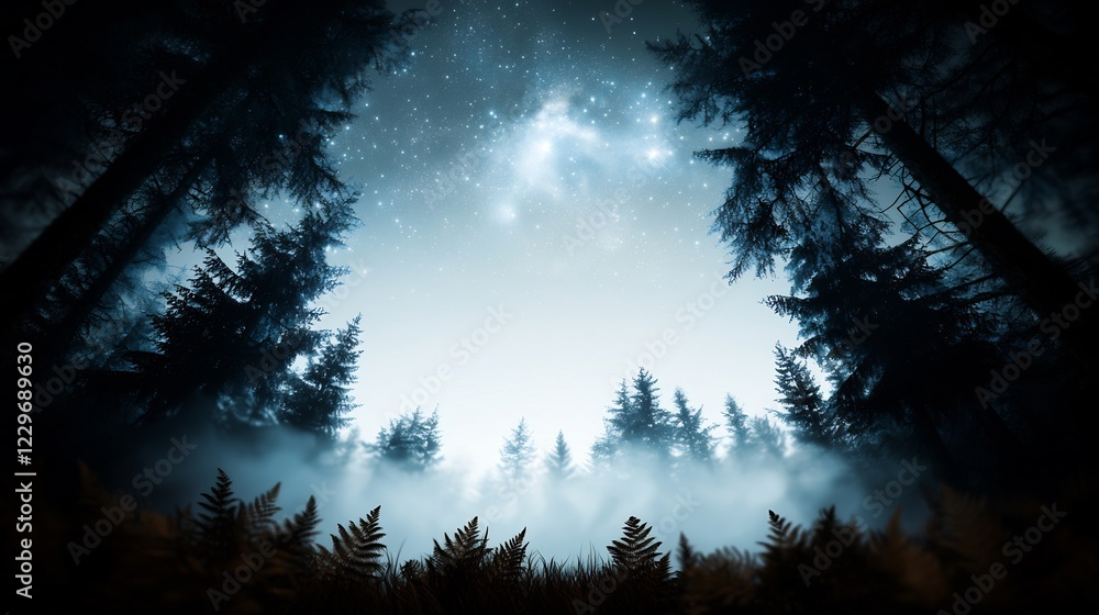 Fototapeta premium Serene forest landscape at night with mist and stars, creating a tranquil atmosphere