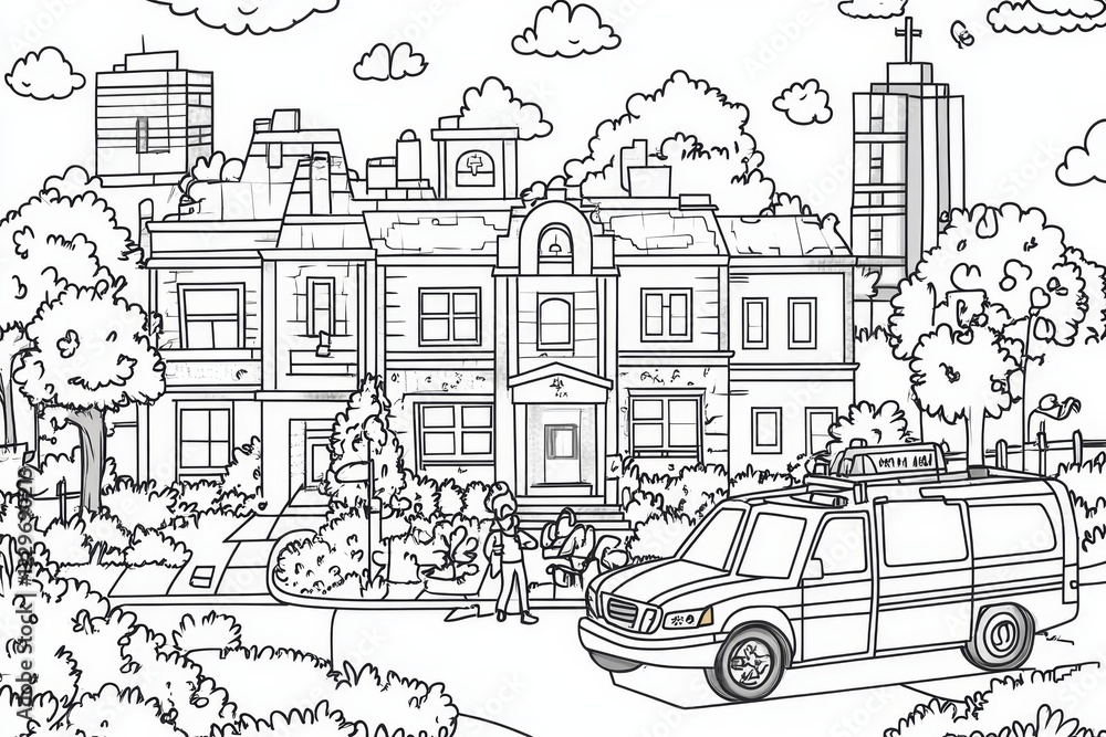 Naklejka premium Charming Cityscape Coloring Page