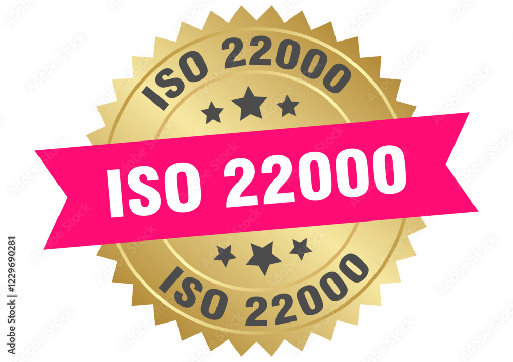 iso 22000. iso 22000 round pink and gold label isolated on transparent background iso 22000. iso 22000 round pink and gold label isolated on transparent background