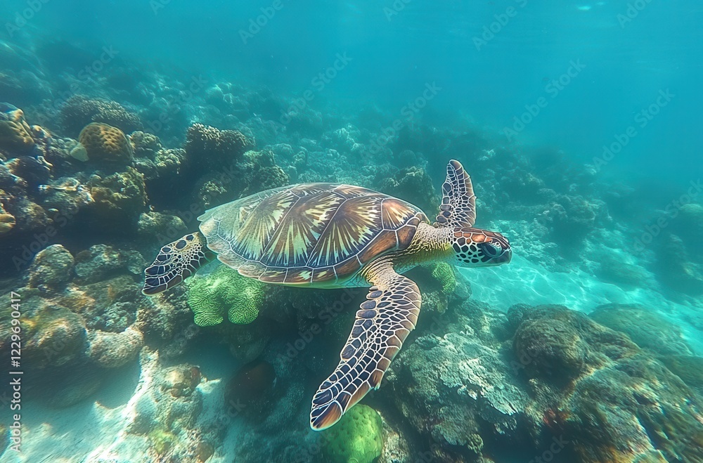 Fototapeta premium Underwater Scene with a Vibrant Green Sea Turtle Swimming Gracefully Among Colorful Coral Reefs in Clear Tropical Ocean Water