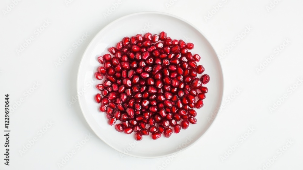 A minimalist plate of fresh pomegranate seeds, neatly arranged in a simple pattern on a plain white ceramic plate, Pomegranate seeds centered A minimalist plate of fresh pomegranate seeds, neatly arranged in a simple pattern on a plain white ceramic plate, Pomegranate seeds centered