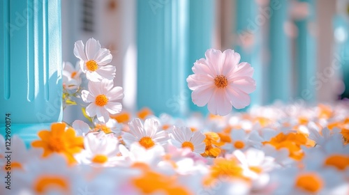 Delicate white and orange cosmos flowers scattered around pastel blue pillars.