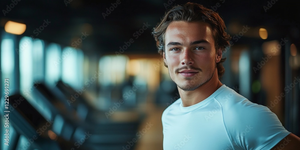 A fit young man smiles while running on a treadmill in a modern gym, portraying health and energy. Perfect for fitness-related content. A fit young man smiles while running on a treadmill in a modern gym, portraying health and energy. Perfect for fitness-related content.
