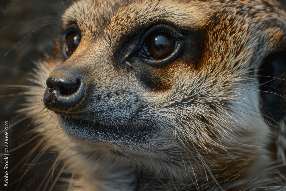 Close up of a meerkat showing its distinctive features and curious expression Close up of a meerkat showing its distinctive features and curious expression