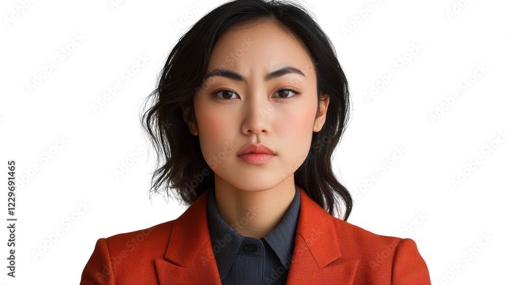 Woman wearing an orange blazer with a serious expression in a neutral setting Woman wearing an orange blazer with a serious expression in a neutral setting
