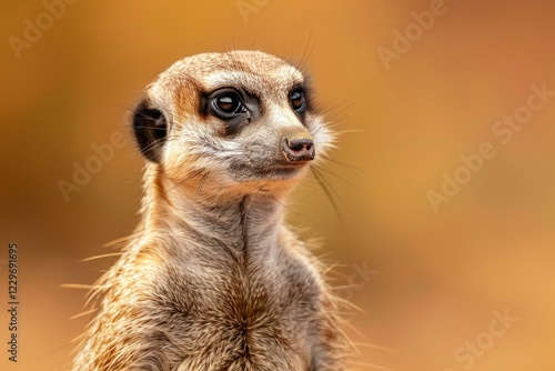 Portrait of a wild meerkat looking into the distance against a blurred orange background