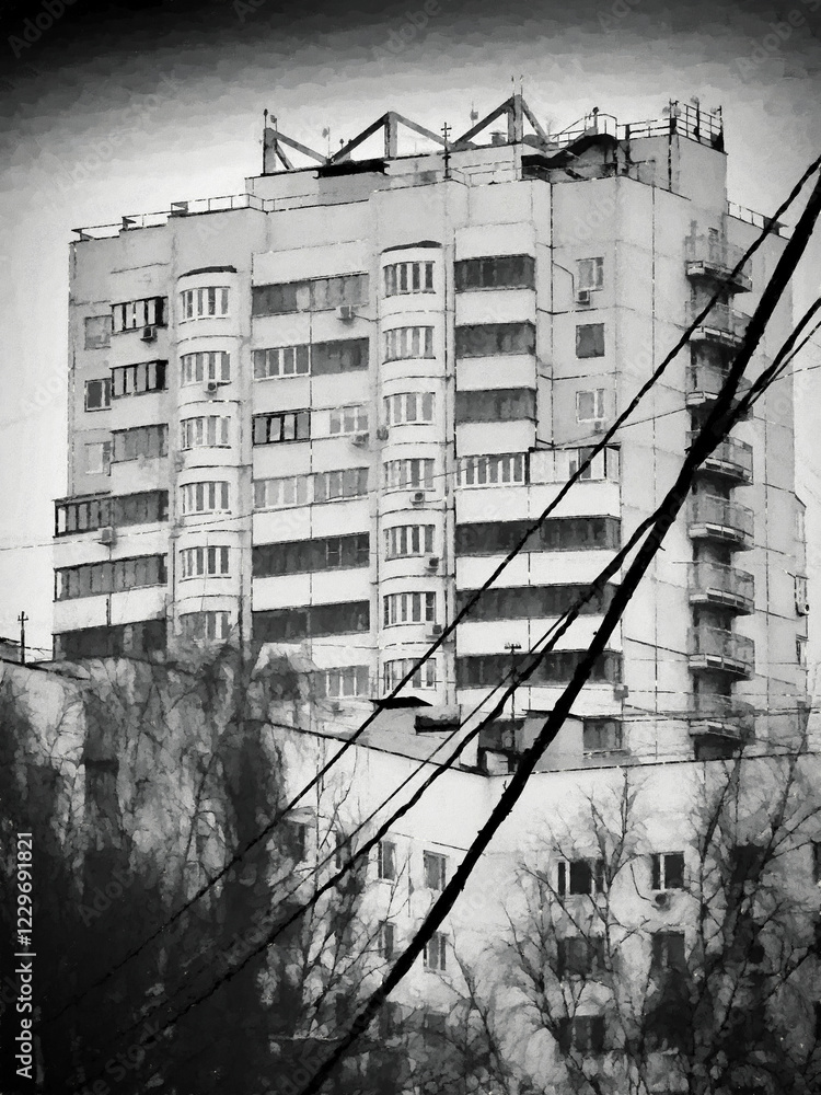 Fototapeta premium Soviet era industrial buildings in Moscow illustration