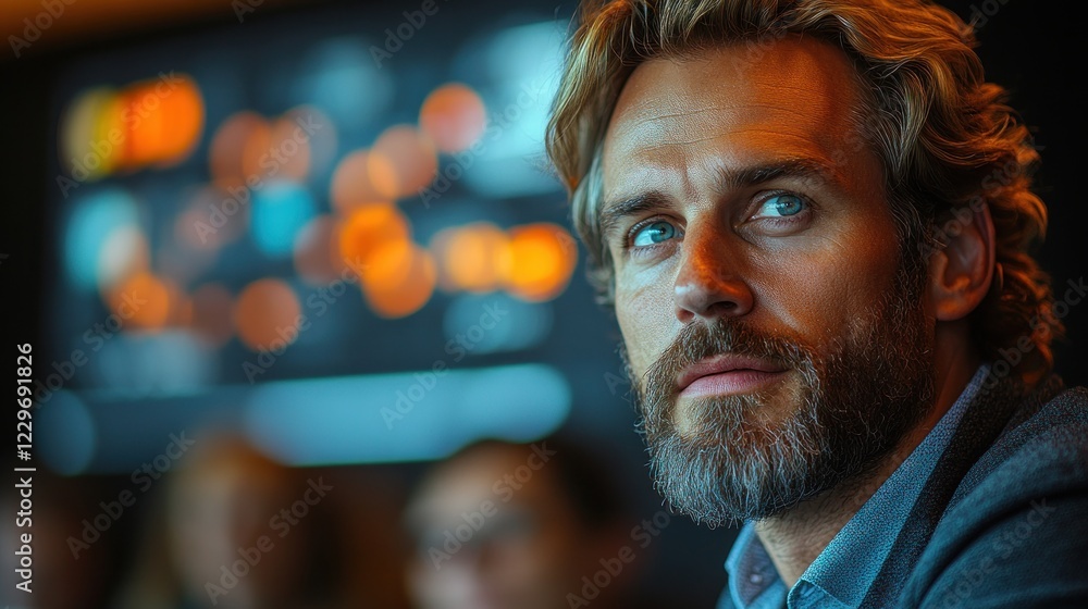 Obraz premium Focused man in meeting with digital display background