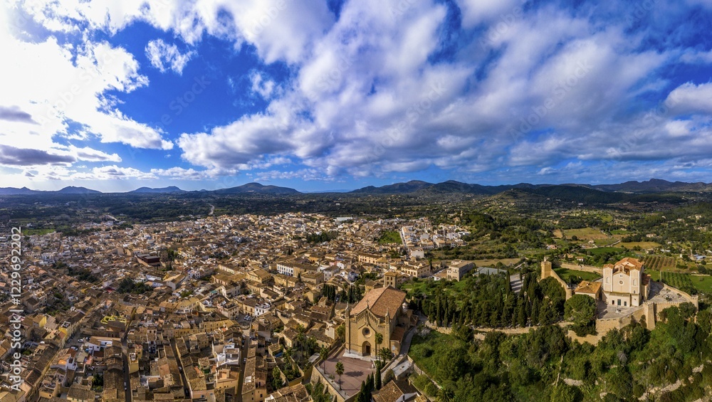 Aerial view, parish church Transfiguracio del Senyor and monastery Santuari de Sant Salvador at Calvary, Arta, Majorca, Balearic Islands, Spain, Europe