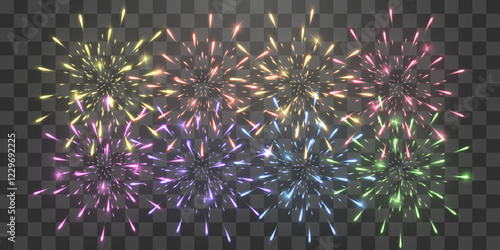 Festive fireworks with brightly shining sparks on transparent background - celebration card, festival banner. Holiday firework set, vector isolated on png.