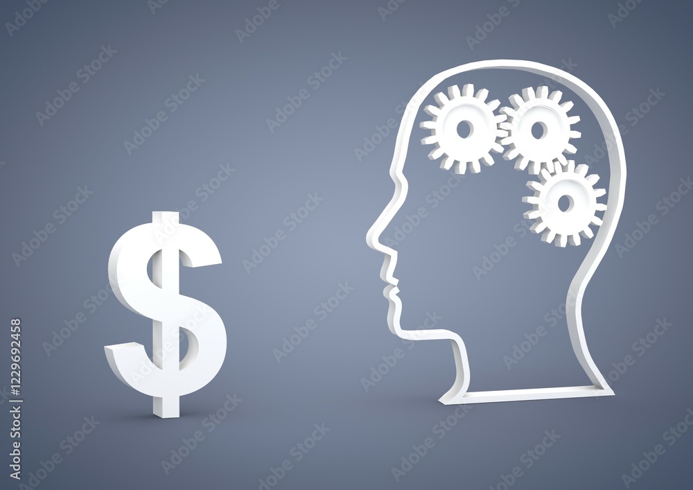 Head with gears and a dollar symbol, symbolic image for clever investments, crisis, currency, 3D illustration Head with gears and a dollar symbol, symbolic image for clever investments, crisis, currency, 3D illustration