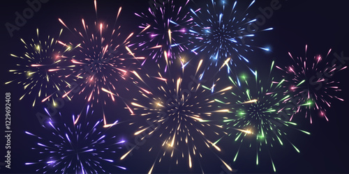 Festive fireworks with brightly shining sparks on transparent background - celebration card, festival banner. Holiday firework set, vector isolated on png.