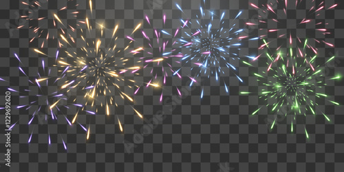 Festive fireworks with brightly shining sparks on transparent background - celebration card, festival banner. Holiday firework set, vector isolated on png.