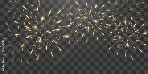 Festive fireworks with brightly shining sparks on transparent background - celebration card, festival banner. Holiday firework set, vector isolated on png.