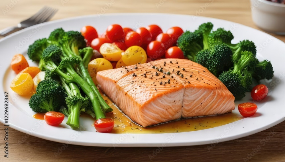 Baked salmon fillet on a white plate served with steamed broccoli and cherry tomatoes, baked, food Baked salmon fillet on a white plate served with steamed broccoli and cherry tomatoes, baked, food