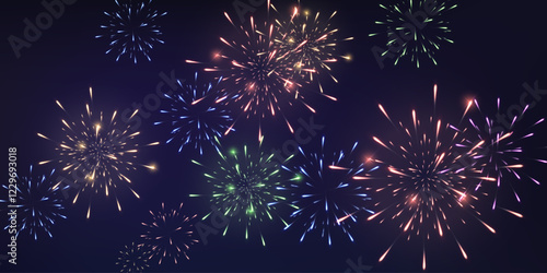 Festive fireworks with brightly shining sparks on transparent background - celebration card, festival banner. Holiday firework set, vector isolated on png.