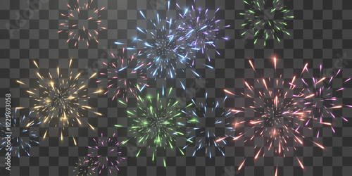 Festive fireworks with brightly shining sparks on transparent background - celebration card, festival banner. Holiday firework set, vector isolated on png.