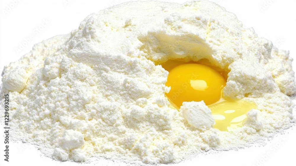 A single egg yolk nestled in a mound of white flour, ready for baking. A single egg yolk nestled in a mound of white flour, ready for baking.
