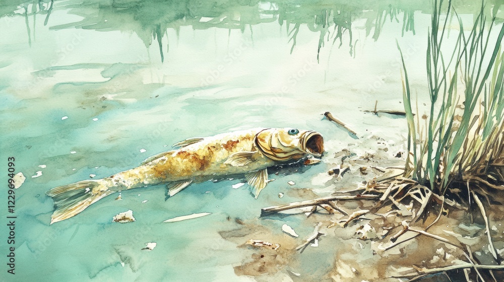 Fototapeta premium A captivating illustration depicts a dying fish on the shore of a serene water body, highlighting the impact of pollution and environmental degradation.