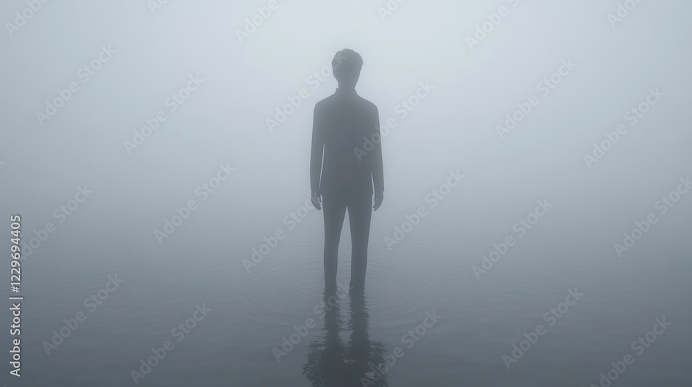 Silhouette of a Man Standing in Thick Fog Over Water Silhouette of a Man Standing in Thick Fog Over Water