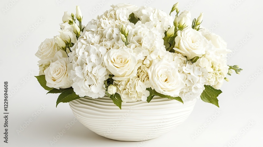 A high-key floral arrangement featuring fresh white roses and hydrangeas, softly lit against a bright background for an airy feel. A high-key floral arrangement featuring fresh white roses and hydrangeas, softly lit against a bright background for an airy feel.