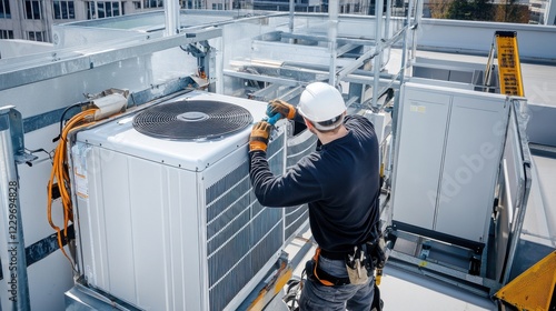 A detailed view of an HVAC technician installing air conditioning units on a commercial building rooftop, Commercial HVAC installation scene, Technical and precise style