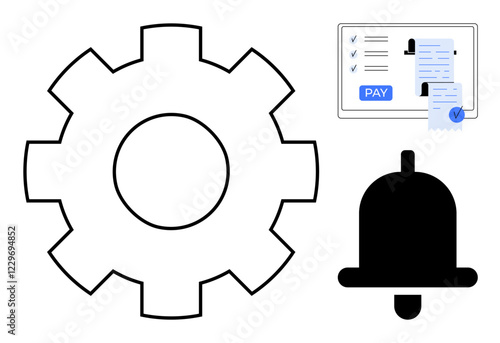 Gear symbolizes settings, bell indicates notifications, and payment confirmation on screen represents transactions. Ideal for tech, digital payments, notifications, reminders, settings, online