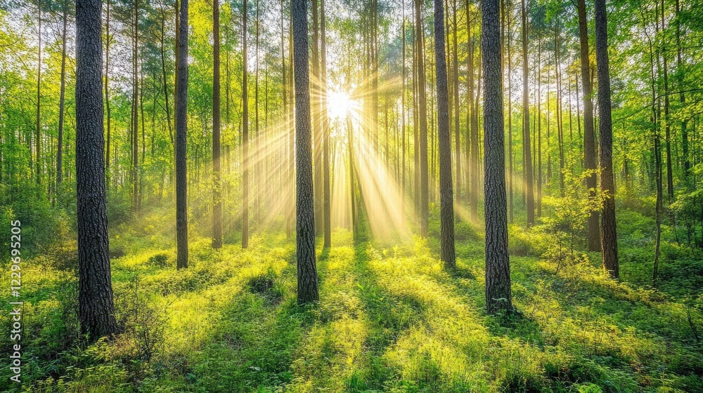 Obraz premium A lush, vibrant rainforest with tall trees and dense greenery, with soft rays of sunlight filtering through the canopy.