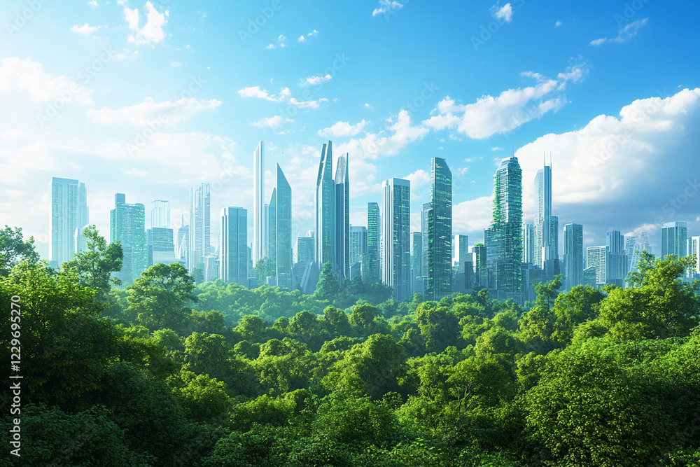 View of a modern city skyline with tall skyscrapers rising above lush greenery, symbolizing the coexistence of nature and urban life in a bright, sunny environment. View of a modern city skyline with tall skyscrapers rising above lush greenery, symbolizing the coexistence of nature and urban life in a bright, sunny environment.