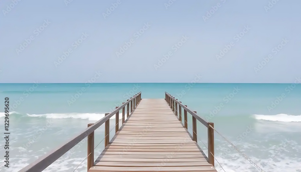 Wooden boardwalk extends to tranquil ocean waters Wooden boardwalk extends to tranquil ocean waters