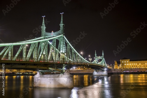 Oldest bridge at night, Chain Bridge connecting Buda and Pest, Budapest, Hungary, Europe photo