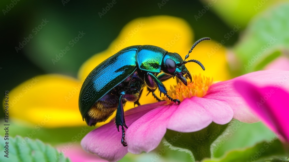 Fototapeta premium Vibrant Metallic Beetle on a Delicate Flower