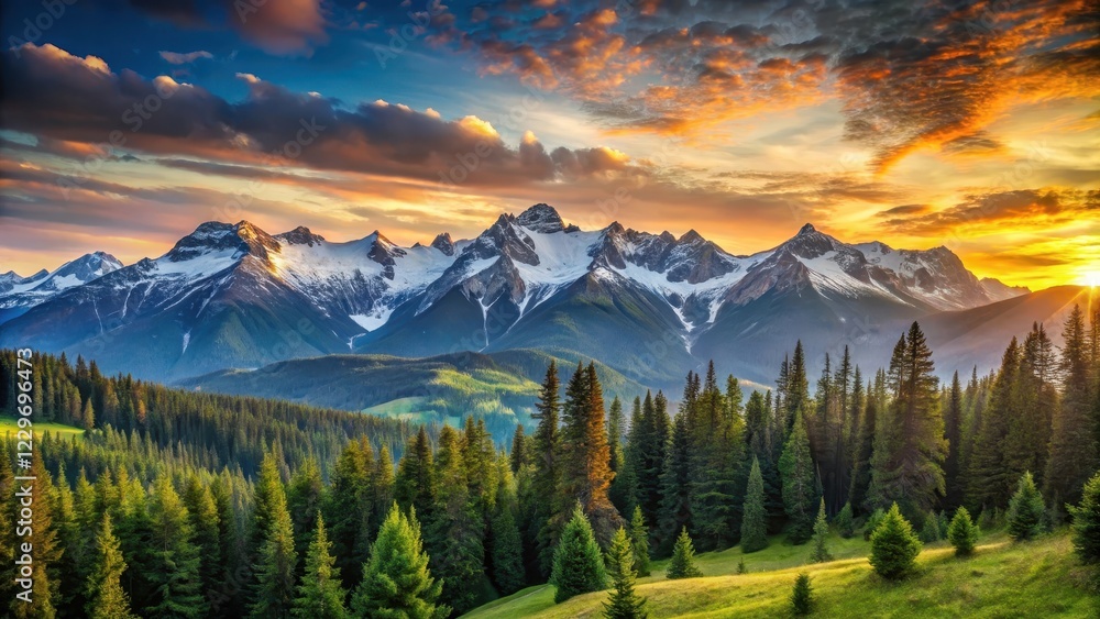 Fototapeta premium Sunset over vast mountain range with snow-capped peaks and lush green forests, mountains