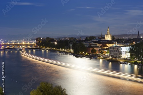 Light tracers of ships on the Rhine River during the Seenachtfest Festival, Constance Minster at the rear, Konstanz, Baden-Württemberg, Germany, Europe photo