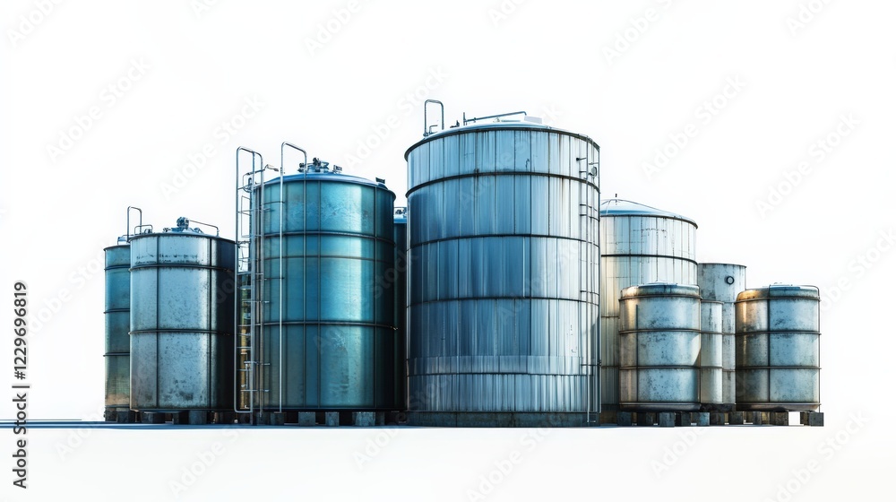 Multiple industrial water tanks in various sizes and shapes, aligned neatly on a clean white background, commercial product shot. Multiple industrial water tanks in various sizes and shapes, aligned neatly on a clean white background, commercial product shot.