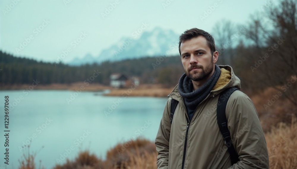 Man in a lightweight jacket standing by a lake with mountains in the background
Man in a lightweight jacket standing by a lake with mountains in the background