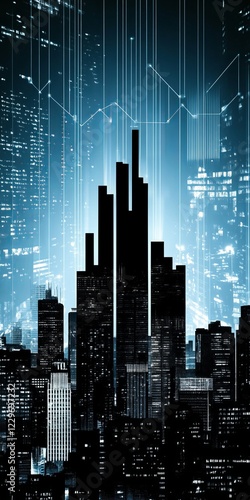 Futuristic Urban Skyline at Night with Illuminated Skyscrapers and City Lights