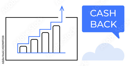 Bar chart with increasing bars, arrow pointing up, speech bubble reading CASH BACK, and cloud. Ideal for growth, financial rewards, savings, investment, market analysis business growth cash back