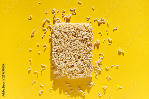 raw yellow pot instant noodle on yellow background