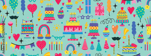 Happy Birthday colorful seamless pattern. Зarty decoration, gift box, cake, party. Hand drawn elements. Vector line illustration